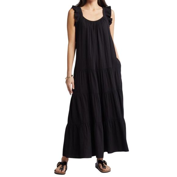 Caslon ruffle tiered cotton maxi sundress dress black size Large L - Picture 1 of 8